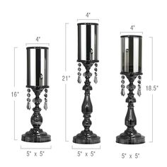 three tall candlesticks are shown with measurements for each candle and the base has beads on it