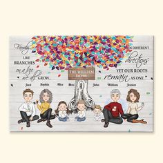 a family tree with the names of their parents and children in front of it, surrounded by colorful confetti