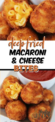 deep fried macaroni and cheese bites are served with marinara sauce for dipping