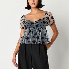 Prepare to receive compliments when wearing this Forever 21 women's and junior's peplum blouse crafted from black velvet with a floral-printed sheer overlay, a sweetheart neckline, and short sleeves. Style yours with high-waist jeans and heels. Closure Type: Pullover HeadNeckline: Sweetheart NeckSleeve Length: Short SleeveFiber Content: 100% NylonFabric Description: VelvetCare: Hand Wash, Dry FlatMaterial: VelvetCountry of Origin: Imported