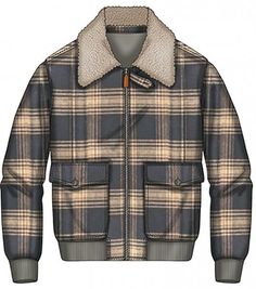 a jacket with a fur collar and plaid pattern on the front, shown from the waist up