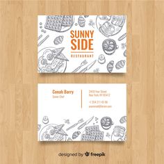 a restaurant business card with hand drawn food