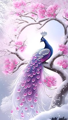 a painting of a peacock perched on a tree branch with pink flowers in the background