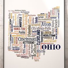 a poster with the word ohio written in many different languages on it, including cities