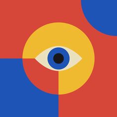 an eye is shown in the center of a square with blue, yellow and red circles