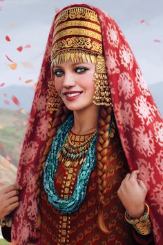 a painting of a woman in traditional dress