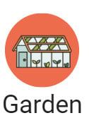 the garden logo is shown on an orange circle with green house and flowers in it