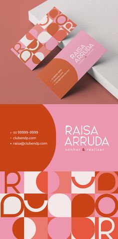 two business cards with different colors and shapes on the front, one in pink and red