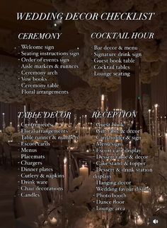 wedding decor checklist for ceremony, cocktail hour and reception tables with candles in the center