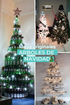 christmas tree made from beer bottles in various stages of being decorated with lights and snowflakes