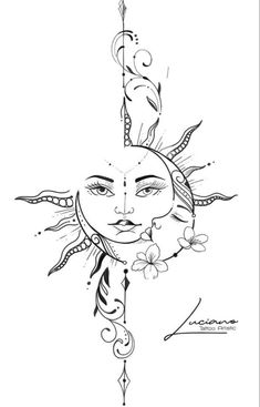 a drawing of the sun with flowers on it's face and an arrow in the middle