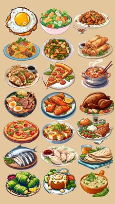 a bunch of plates with different foods on them