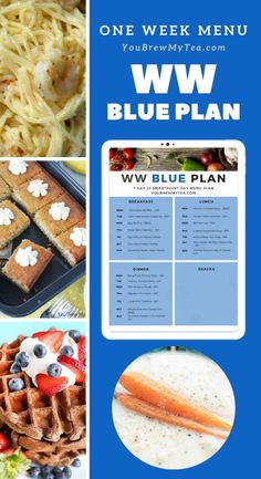 a blue menu with pictures of different foods