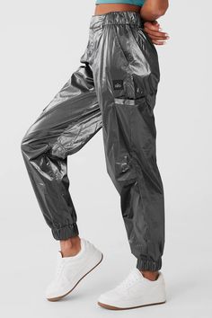 Metallic High-Waist Break Line Jogger - Silver Metallic | Alo Yoga Broken Lines, Shiny Jacket, Alo Yoga Pants, Shiny Clothes, Athleisure Wear, Silver Lining, Straight Leg Trousers, Bra Top, Alo Yoga