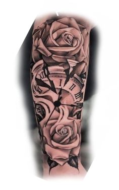 a man's arm with roses on it and clock in the middle, as if he