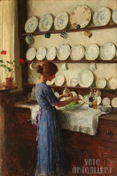 a painting of a woman arranging plates on a shelf