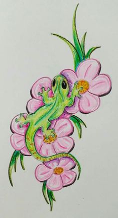 a drawing of a gecko sitting on top of a pink flower with green leaves