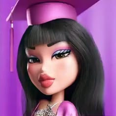 a cartoon girl with long black hair wearing a purple graduation cap and gown on her head