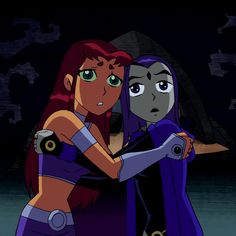 two cartoon characters hugging each other in the dark