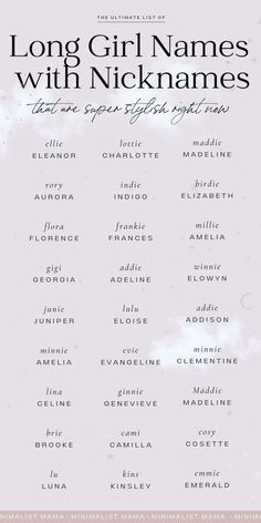 the long girl names with nickannes are in black and white, against a pink background