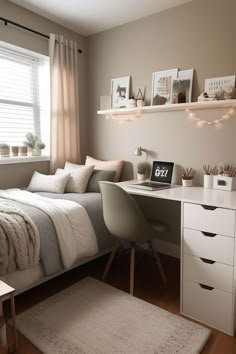 a bedroom with a bed, desk and shelves on the wall in front of it