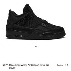 Rare Women’s Air Jordan 4 Retro Nxn - Size: 9 * Authentic, Like New Condition, Worn Once Indoors Only. * No Flaws. * Original Box Included. * Nike And Olivia Kim Celebrate 'No Cover', A Nod To New York City's Legendary Nightlife, With The Reinterpreted Wmns Air Jordan 4 Retro. The Sneaker, Launched In October 2019, Takes Design Cues From The 'Black Cat' Nickname Of The Original Jordan 4 Silhouette. The Shoe Is Crafted From Black Bovine Fur With Suede Trim And Glossy Lace Wings, And Features Nike Air Branding On The Heel In Place Of The Jumpman Logo. A Masterpiece- “The Olivia Kim Jordan 4 Is Such A Classy And Chic Spin On The The Jordan 4 Black Cats. Love Love Love The Calf H Olivia Kim Jordan 4, All Black Jordans, Air Jordan 4 Black Cat, Lace Wings, Wide Sneakers, Jordan 4 Black, Pretty Sneakers, Jordan 4s, Black Jordans