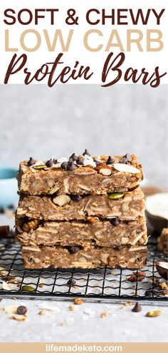 homemade low carb protein bars stacked on top of each other with text overlay