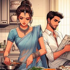 a man and woman are cooking together in the kitchen, one is holding a newspaper