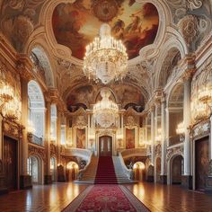 an ornately decorated hall with chandeliers and carpet