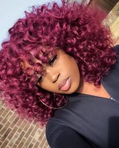 Take advantage of Black Friday sales on maroon curly hair to unlock a sultry elegance. Redefining glamour at every turn and adding a splash of color #Marooncurlyhair #Curlyhair #Blackfridaysale Red Hair On Black Women, Faux Bangs, Red Curly Hair, Perm Rods, Dyed Natural Hair, Burgundy Hair, Human Virgin Hair