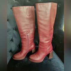 Brand New Gorgeous Maroon Colored Boots. Comfortable For All Day. Only Worn Once, Just A Stitch Too Small. Ordered Them In A Bigger Size Red Round Toe Boots For Work, Red Boots With Reinforced Heel For Work, Red High Heel Boots For Work, Red Leather Boots For Work, Red High Heel Boots For Workwear, Casual Red Leather Heeled Boots, Casual Burgundy Leather Boots, Red Wide Calf Round Toe Heeled Boots, Red Round Toe Workwear Boots