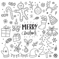 merry christmas doodles with presents and gifts in black and white ink on a white background