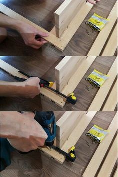 two pictures showing how to make a diy headboard with plywood and screwdrivers