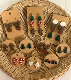 a wicker basket filled with lots of different christmas decorations on top of each other