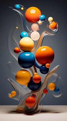 an abstract painting with many different colored balls and lines in the air, on a gray background