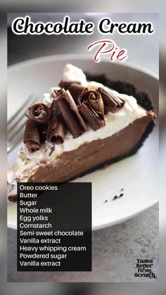 a chocolate cream pie on a plate with a fork in it's mouth and the words, chocolate cream pie