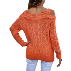 Rust Red Solid Cable Knit Cold Shoulder Sweater Solid Open Knit Fall Sweater, Solid Open Knit Sweater For Fall, Fall Solid Color Open Knit Sweater, Orange Knitted Top For Fall, Orange Textured Knit Sweater, Orange Textured Knit Sweater For Winter, Red Open Knit Top For Fall, Red Long Sleeve Open Knit Tops, Knit Clothing