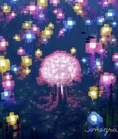 an animated image of a pink mushroom surrounded by colorful cubes and trees at night