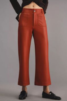 The Colette Cropped Wide-Leg Pants by Maeve: Faux Leather Edition | Anthropologie Trendy Wide-leg Leather Pants, 70s Inspired Wide Leg Fall Bottoms, 70s Inspired Wide Leg Bottoms For Fall, Chic Full-length Leather Pants With Pockets, 70s Inspired Wide Leg Pants For Fall, Chic Flare Leather Pants, Chic Flared Leather Pants, Chic Full Length Leather Pants With Pockets, Fall Leather Wide Leg Pants