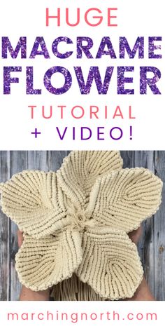 a knitted flower with text overlay that reads huge macrame flower video