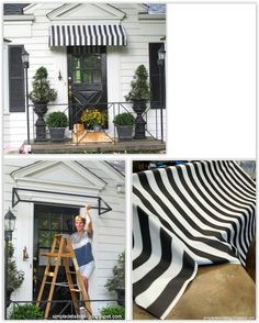 a collage of photos with black and white striped awnings on a house