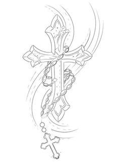 a drawing of a cross and rosary on a white background