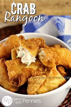 crab rangoon in a white bowl on a woven table cloth with text overlay