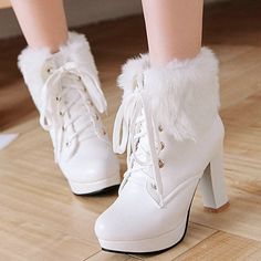 High Heel Boots Pink White Black Faux Fur on Storenvy Cute High Heel Boots, Winter High Heel Shoes, Cute Boot Heels, Pretty Shoes For Women, White Cute Shoes, Cute White Boots, Girly Shoes Boots, White Fuzzy Boots