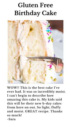 a piece of cake on a plate with a fork in it and the words gluten free birthday cake below