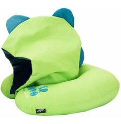 a green and blue bean bag chair with an animal design on it's back