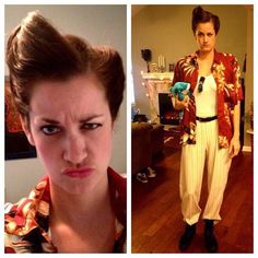 a woman with her hair pulled back in a bun and an image of a man wearing a costume