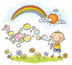 a little boy is playing with soap bubbles in the grass under a rainbow and clouds