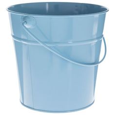 a light blue bucket with handle and handles on the bottom is holding something in it