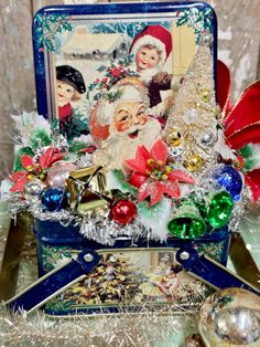 an old fashioned christmas card box with ornaments